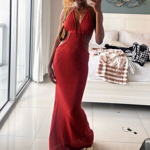 Fashion Nova Red Crochet Cutout Maxi Dress